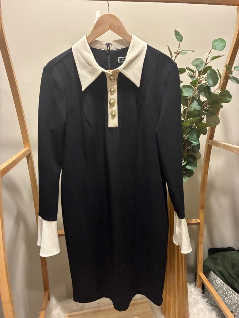 Melanie Lyne Contrast Collar Black Long Sleeve Dress a150